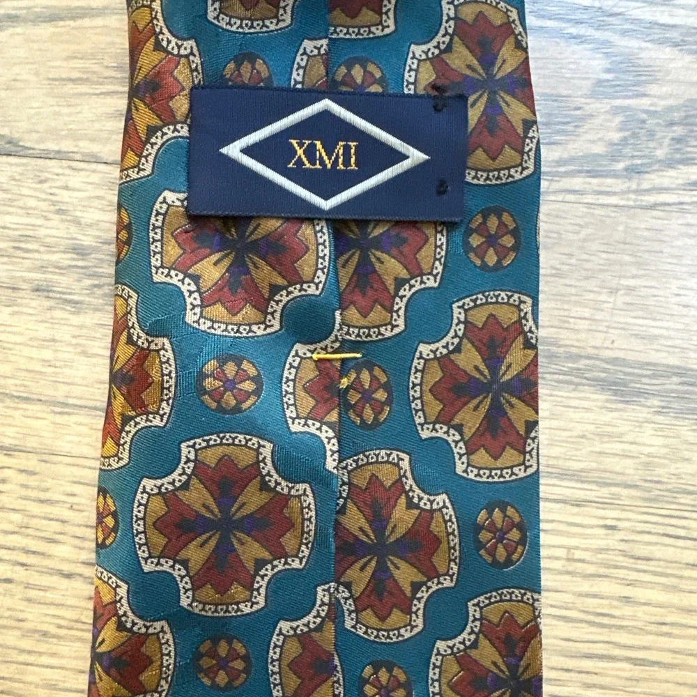XMI Mens Necktie Teal Blue Gold Brown‎ Floral Geometric Pattern Silk Tie